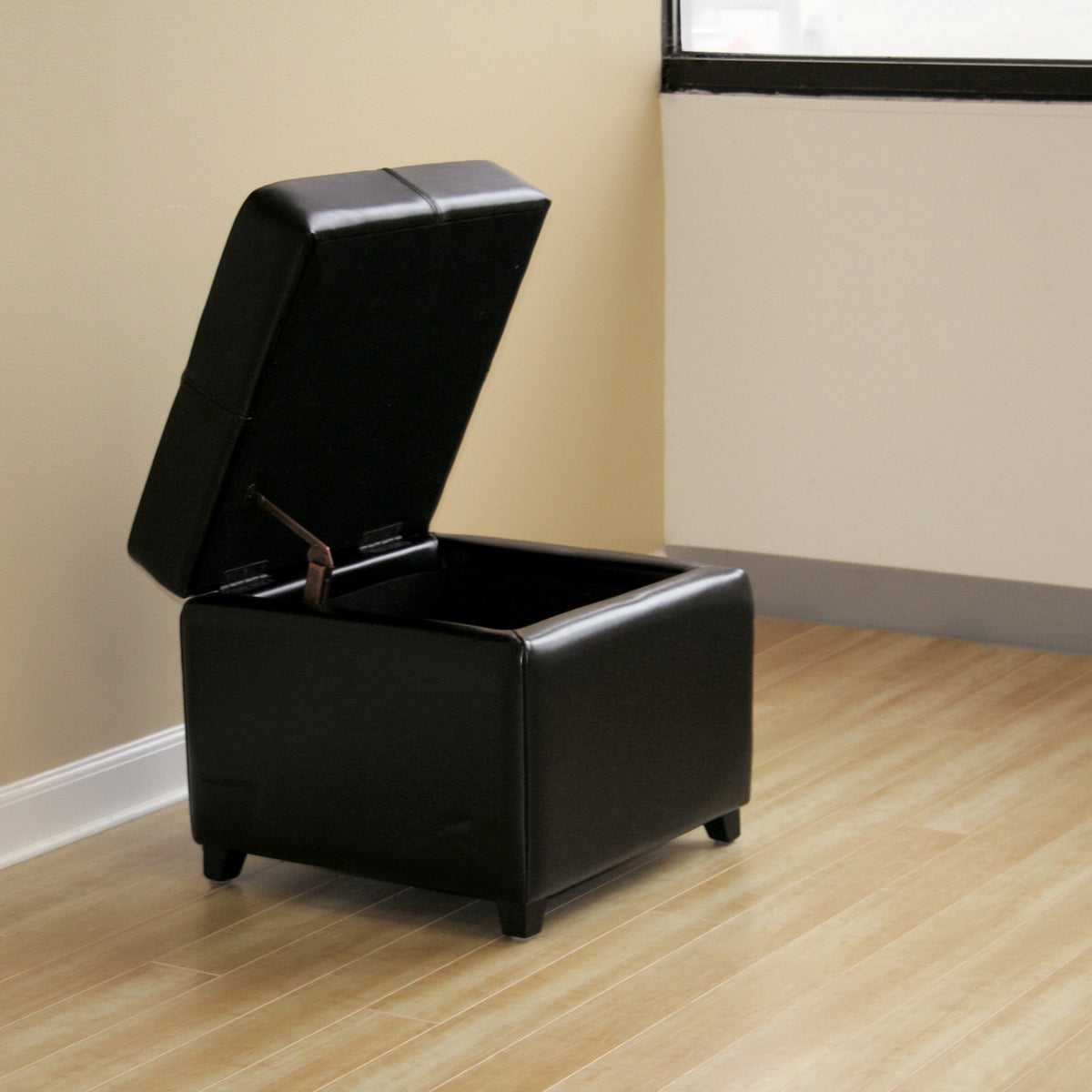 Contemporary Storage Ottoman Cube in Black Leather
