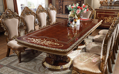 9 PC Dining Table Set in Burl & Antique Gold Finish w Fabric Seat 1803-9PC-DN