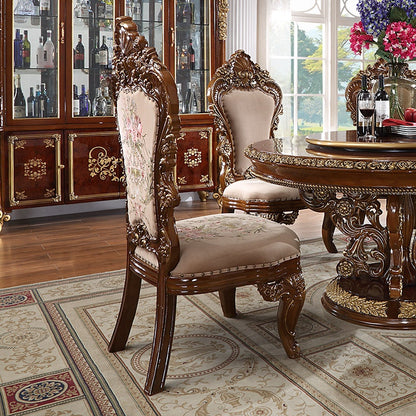 9 PC Dining Table Set in Burl & Antique Gold Finish w Fabric Seat 1803-9PC-DN