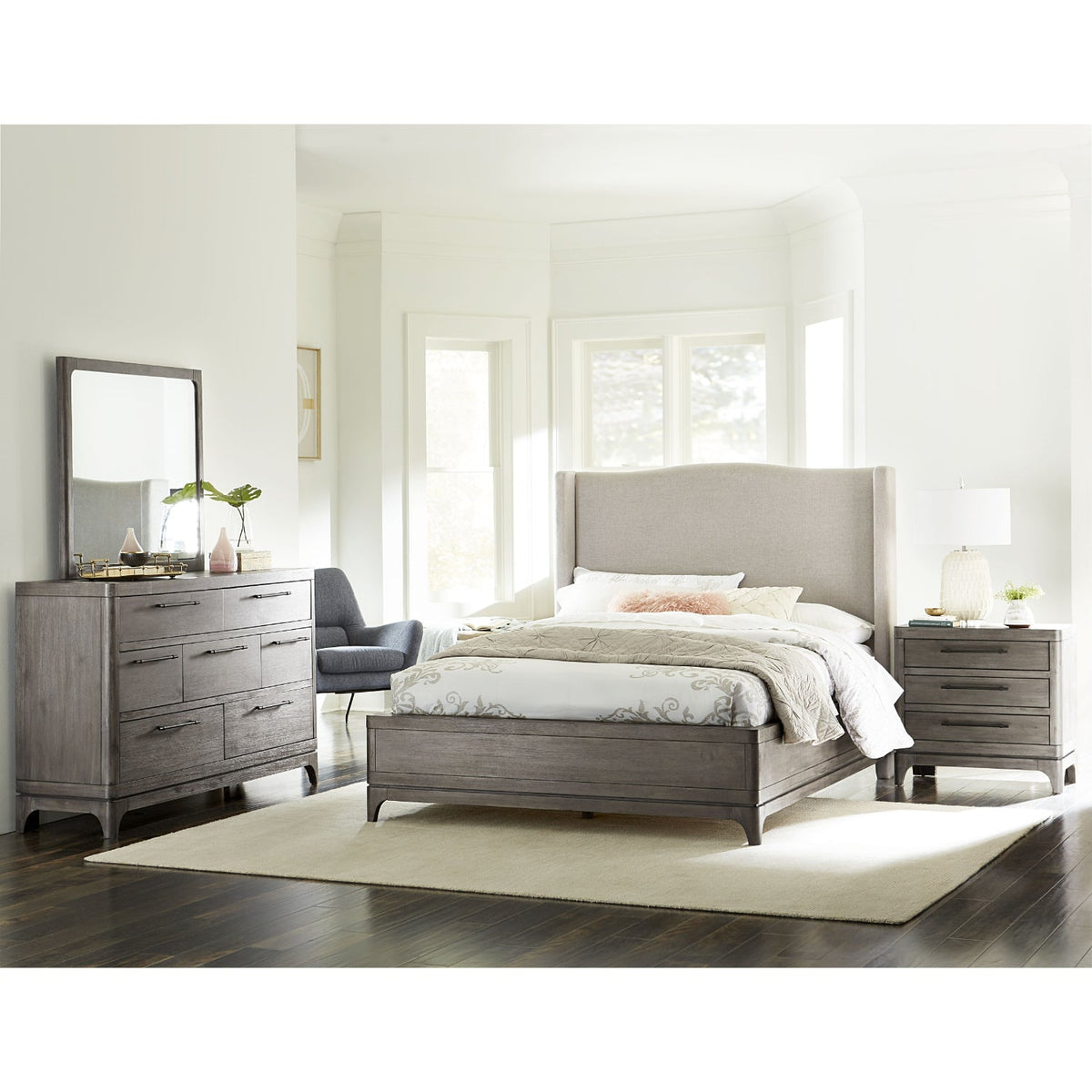 Modus Cicero 5PC Cal King Upholstered Bedroom Set w Chest in Rustic Latte