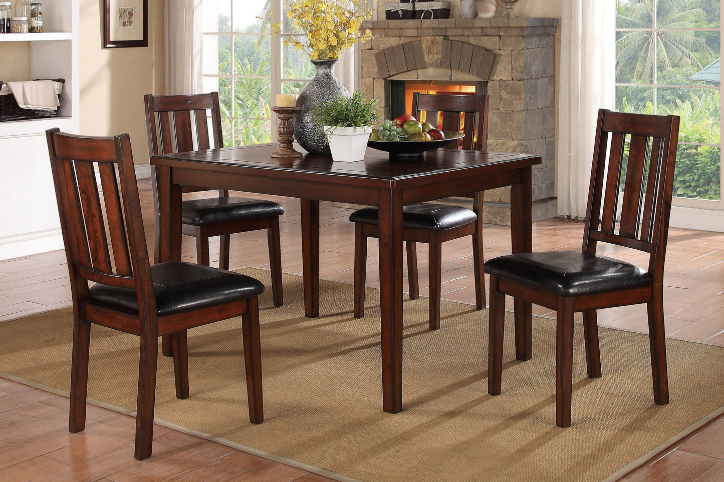 Casual Compact 5PC Dining Set Table, 4 Chair in Brown Cherry