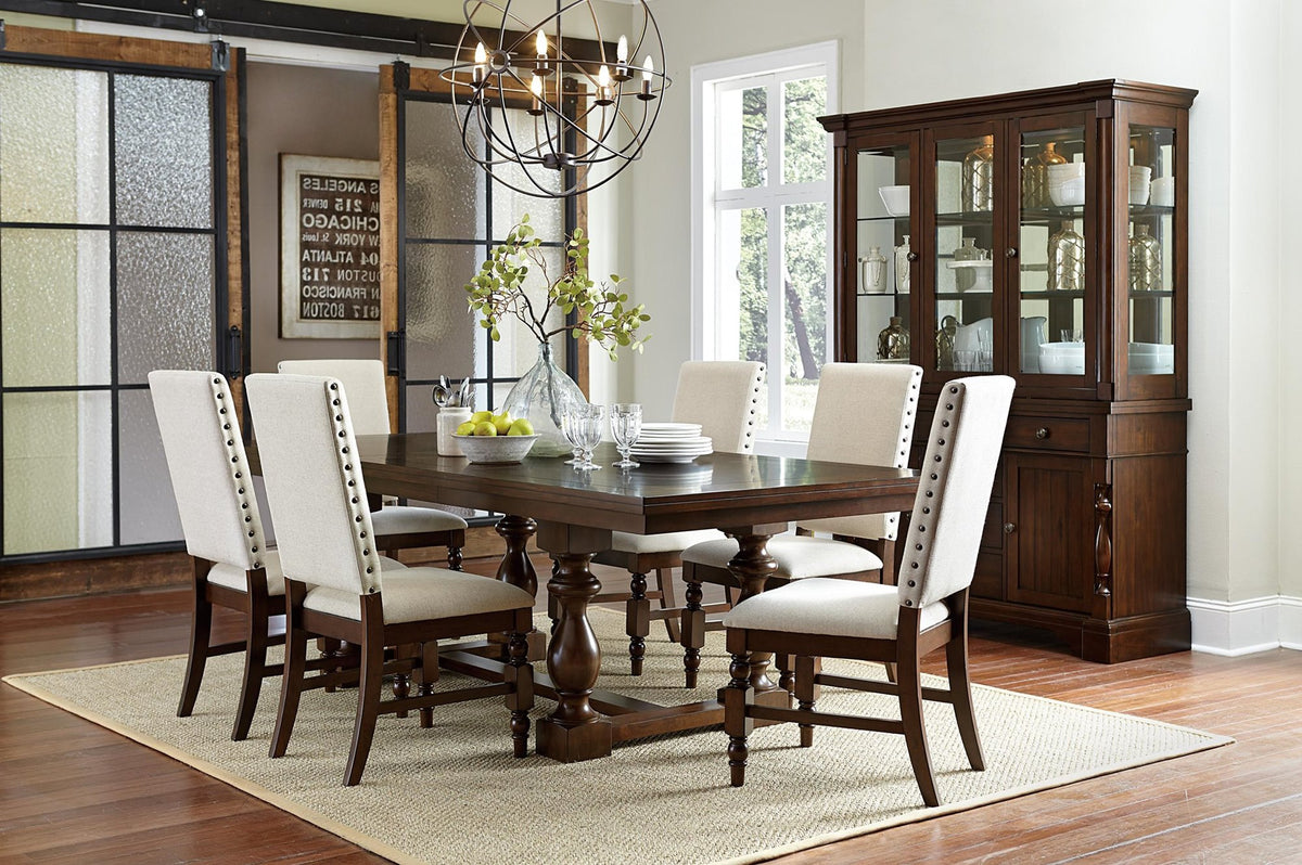 Homelegance Yates 8PC Dining Set Table, 6 Fabric Chair, Buffet & Hutch in Burnished Oak