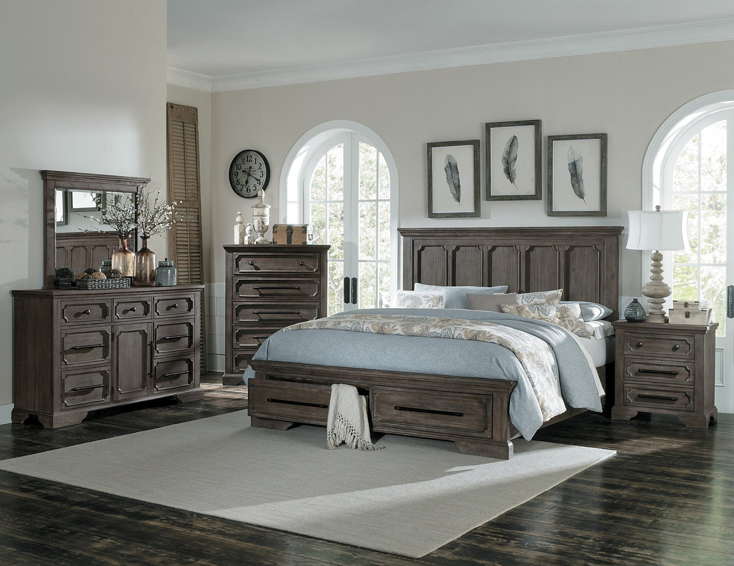 Homelegance Toulon 5PC Bedroom Set Queen Platform Bed with Footboard Storages Dresser Mirror Two Nightstand in Distressed Oak