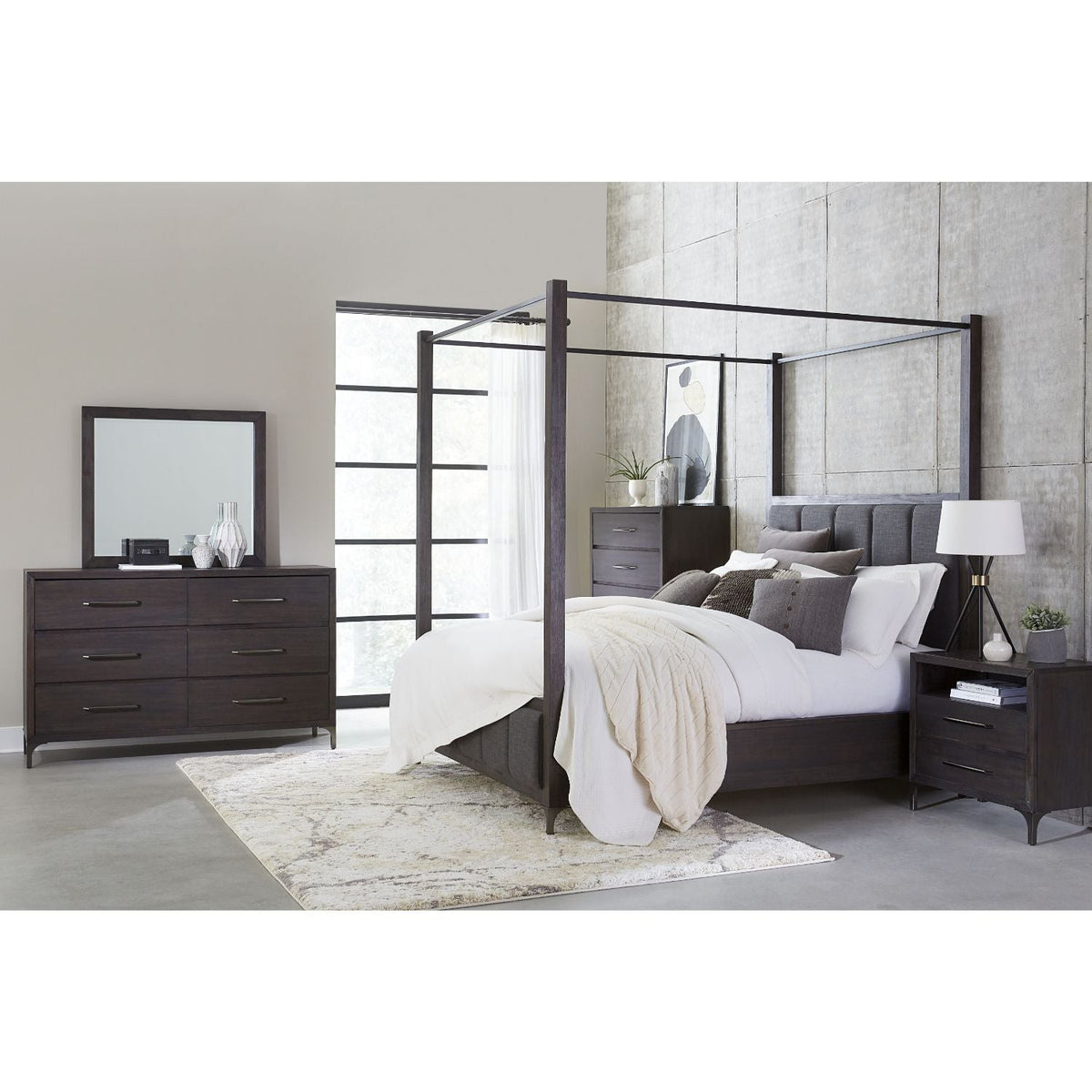 Modus Lucerne 5PC E King Canopy Bedroom Set w 2 Nightstand in Vintage Coffee