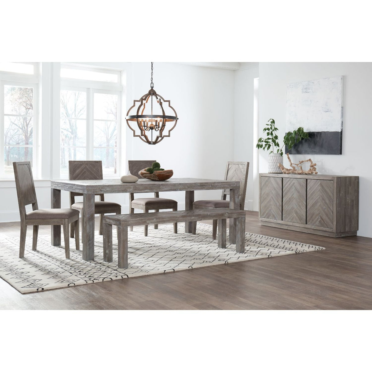 Modus Herringbone 4 PC Extentsion Table Set w Bench in Rustic Latte