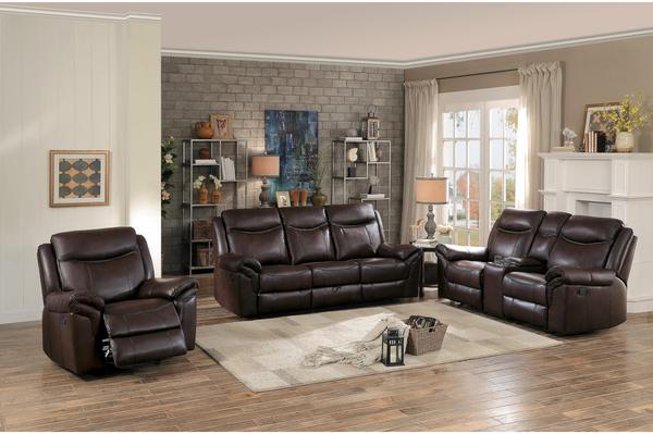 Homelegance Aram Double Reclining Sofa with Center Drop-Down Cup Holders in Airehyde Leather - Brown