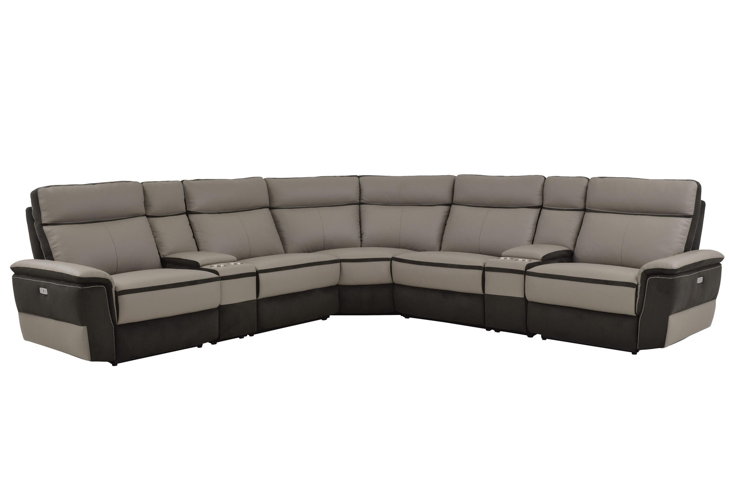 Homelegance Laertes 7PC Power Sectional Left & Right Recliner Chair, 2 Recliner Chair, Corner Seat, 2 Console in Top Grain Grey Leather