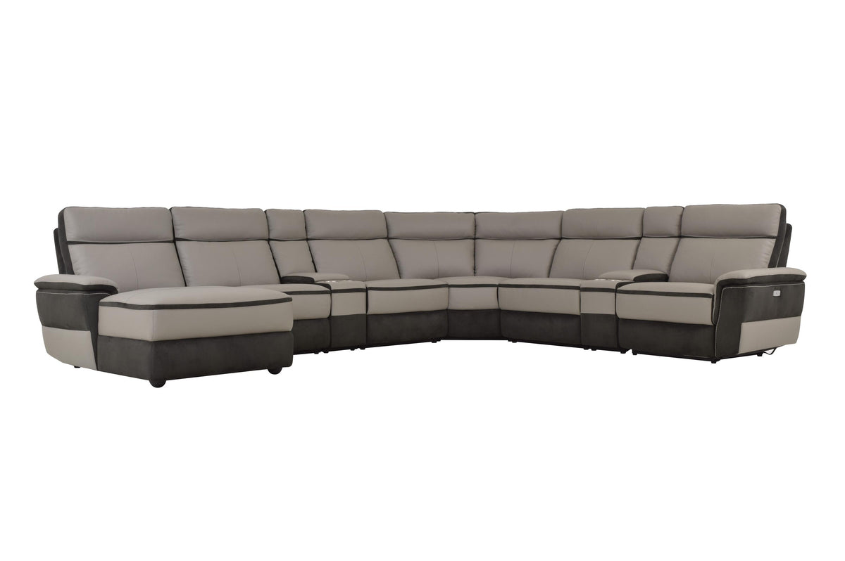 Homelegance Laertes 8PC Power Sectional Right Recliner Chair, 3 Chair, Corner Seat, 2 Console & Left Chaise in Top Grain Grey Leather