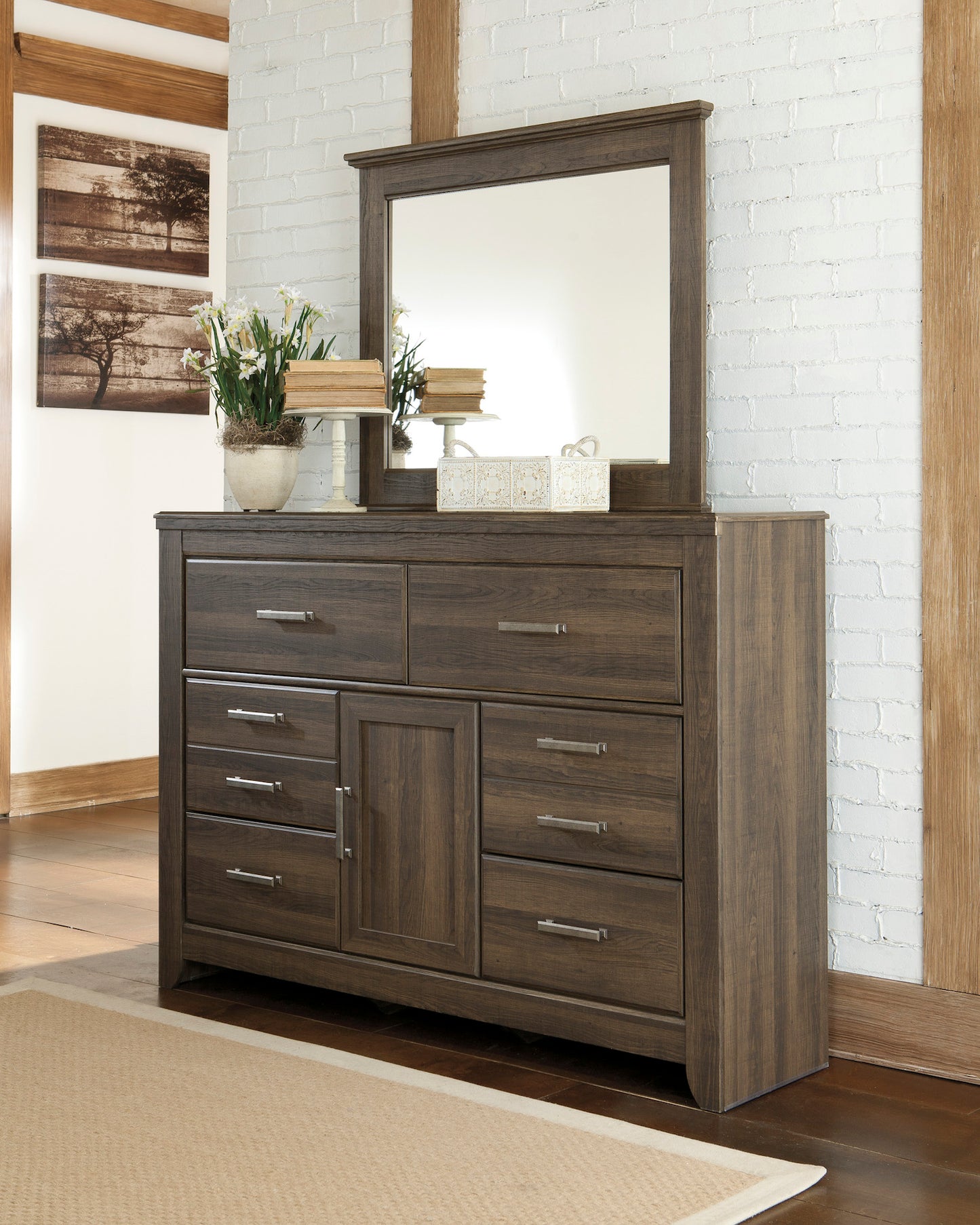 Ashley Juararo Six Drawer Dresser & Mirror In Dark Brown