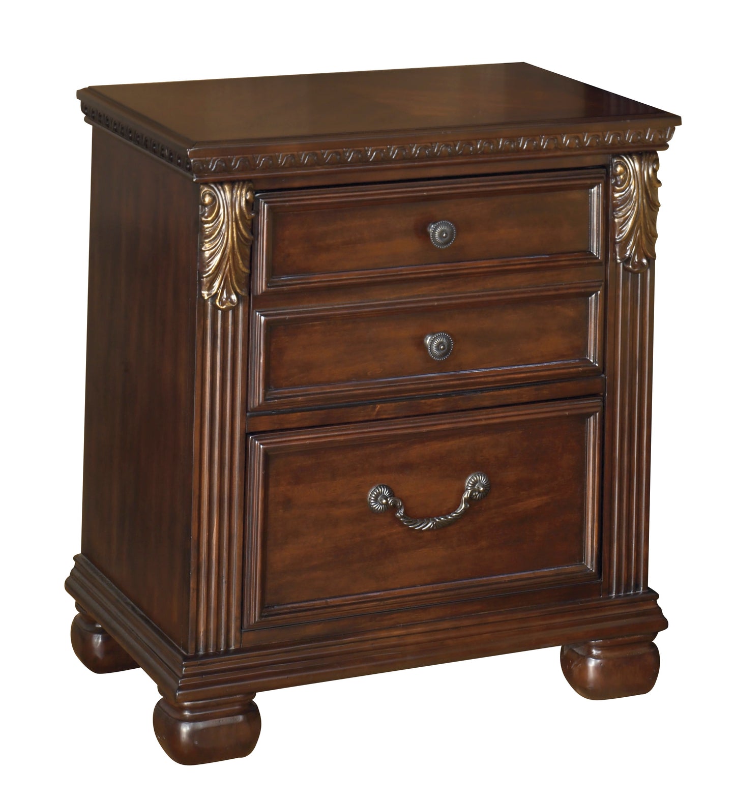 Ashley Leahlyn 5PC Bedroom Set E King Panel Bed Dresser Mirror One Nightstand Chest in Warm Brown