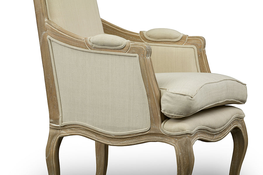 French Provincial Wood Trimmed Accent Arm Chair in Beige/Light Brown
