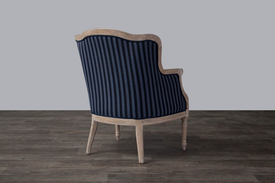 French Provincial Wood Trimmed Accent Arm Chair in Black/Grey Stripes