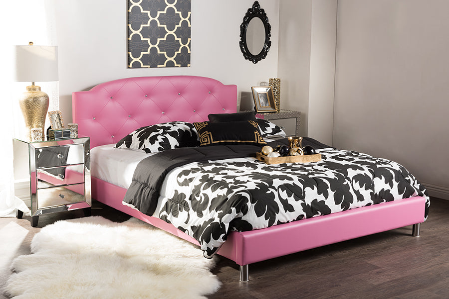 Contemporary Platform Queen Size Bed in Pink Faux Leather - The Furniture Space.
