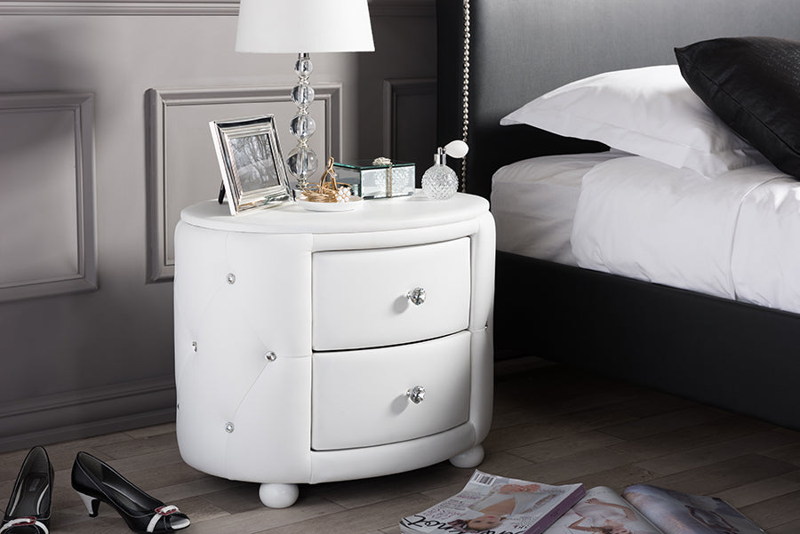 Glamour Oval Nightstand in White Faux Leather