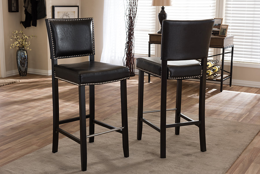 Modern 2 Bar Stools with Nail Trim in Brown Faux Leather bxi4300-85