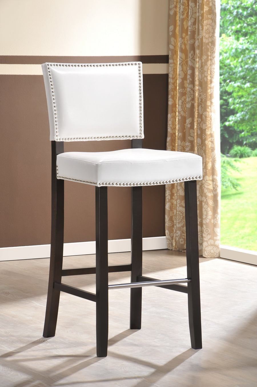 Modern 2 Bar Stools with Nail Trim in White Faux Leather bxi4301-85
