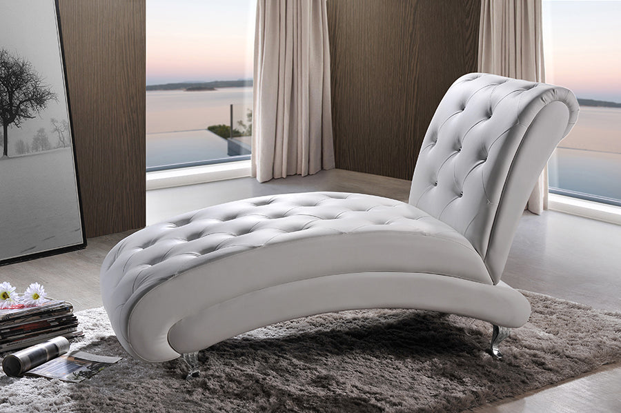 Contemporary Button Tufted Chaise Lounge Chair in White Faux Leather - The Furniture Space.