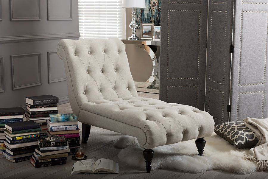Mid-Century Chaise Lounge Chair in Light Beige Fabric