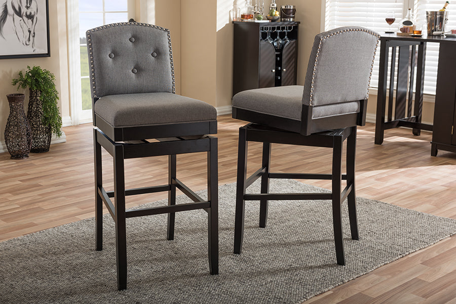 Contemporary 2 Button Tufted Swivel Bar Stools in Grey Fabric