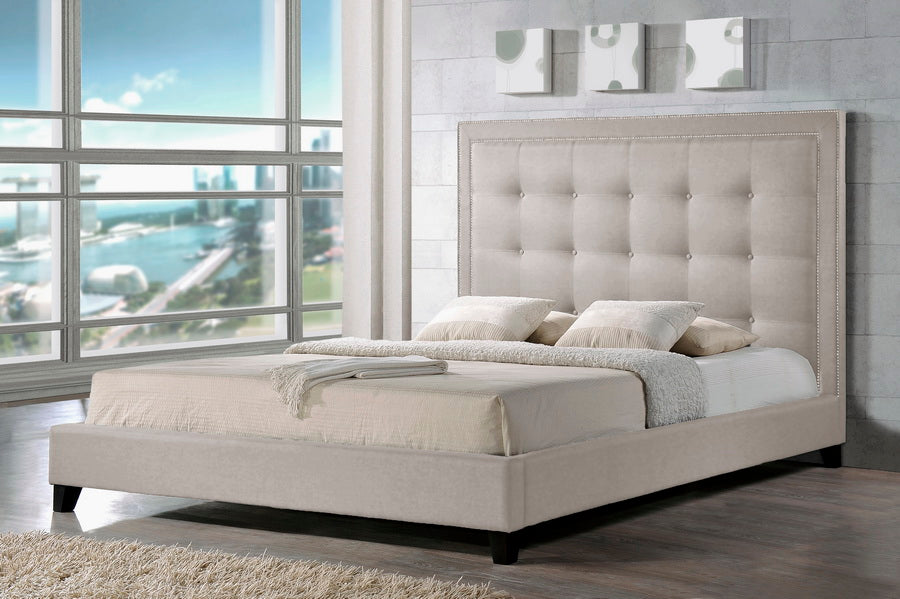 Contemporary Platform King Size Bed in Light Beige Linen Fabric - The Furniture Space.