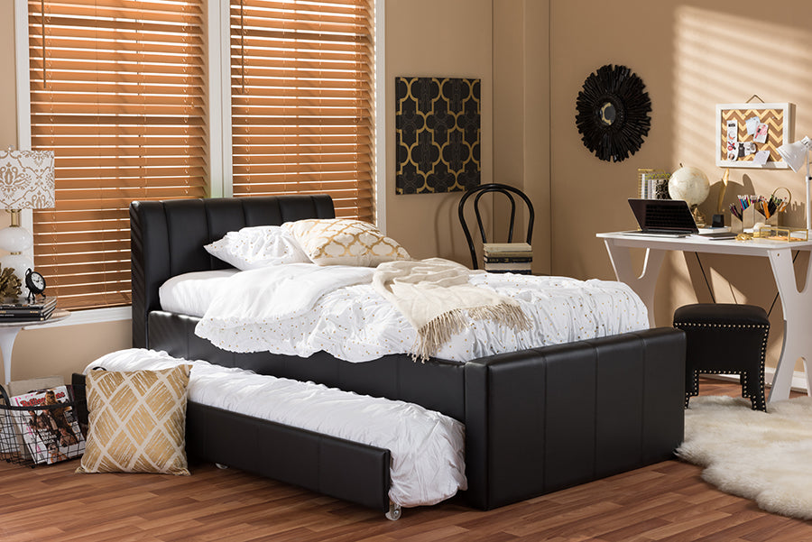 Contemporary Twin Trundle Bed in Black Faux Leather