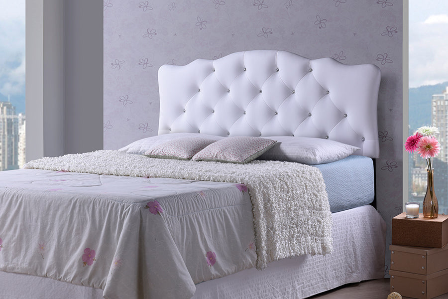 Contemporary Button Tufted Full Size Headboard in White Faux Leather - The Furniture Space.