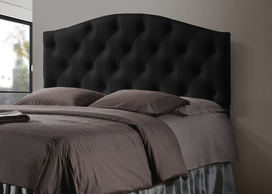 Contemporary Button Tufted Queen Size Headboard in Black Faux Leather - The Furniture Space.