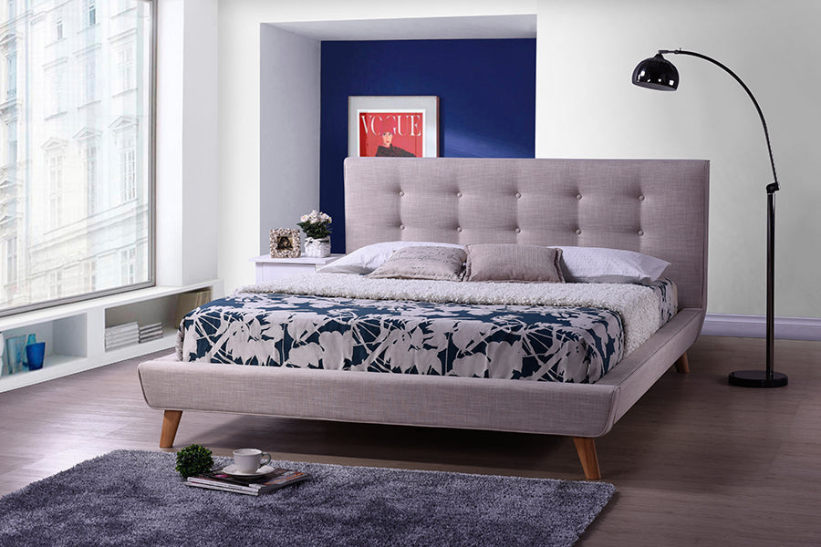 Mid-Century Platform King Size Bed in Beige Fabric