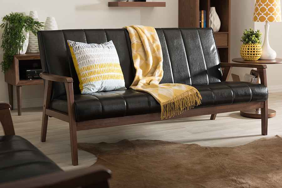 Mid-Century Modern Sofa in Black Faux Leather bxi6748-121