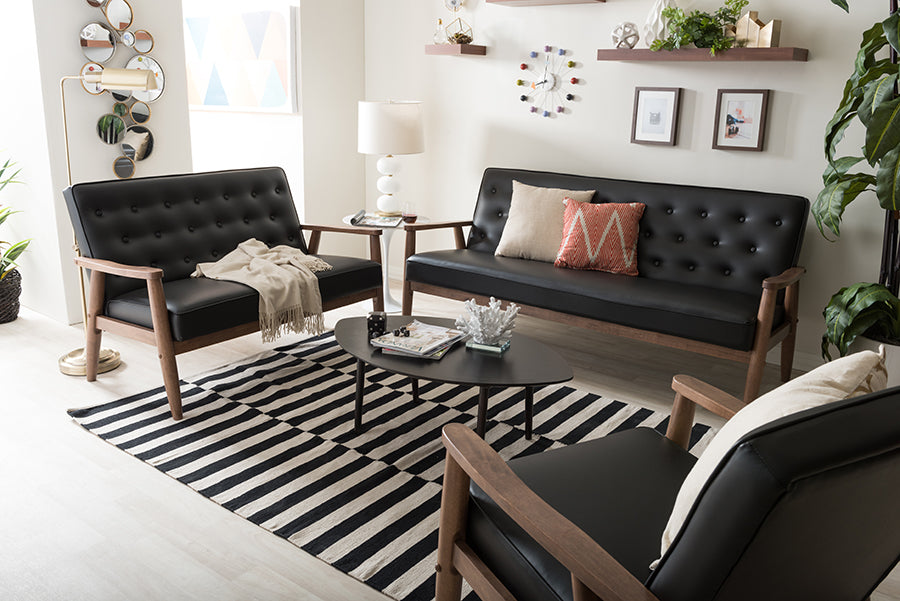 Mid-Century Modern Sofa, Loveseat & Living Room Chair in Black Faux Leather