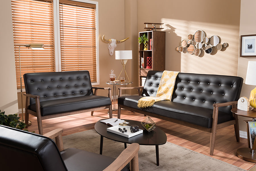 Mid-Century Modern Sofa, Loveseat & Living Room Chair in Dark Brown Faux Leather