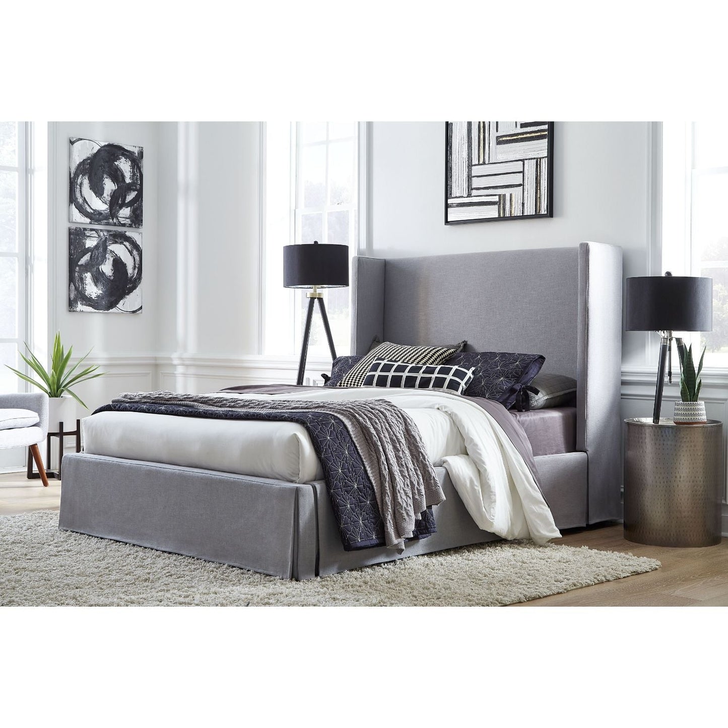 Modus Cresta Queen Upholstered Skirted Panel Bed in Fog