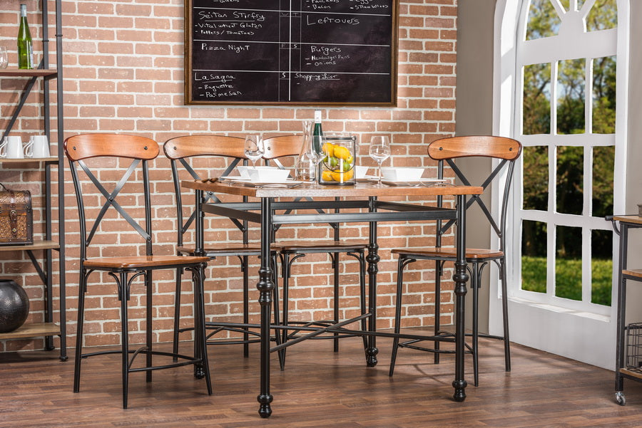 Vintage Industrial Metal Counter Table & 4 Bar Stools in Brown