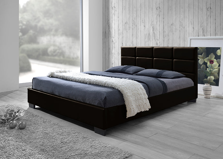 Contemporary Platform Queen Size Bed in Dark Brown Faux Leather - The Furniture Space.