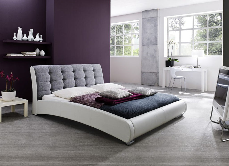Contemporary 2 Tone Platform Queen Size Bed in White/Grey Faux Leather - The Furniture Space.