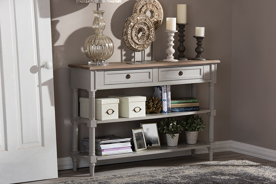 French Provincial Console Table in White/Light Brown Distressed bxi6655-121