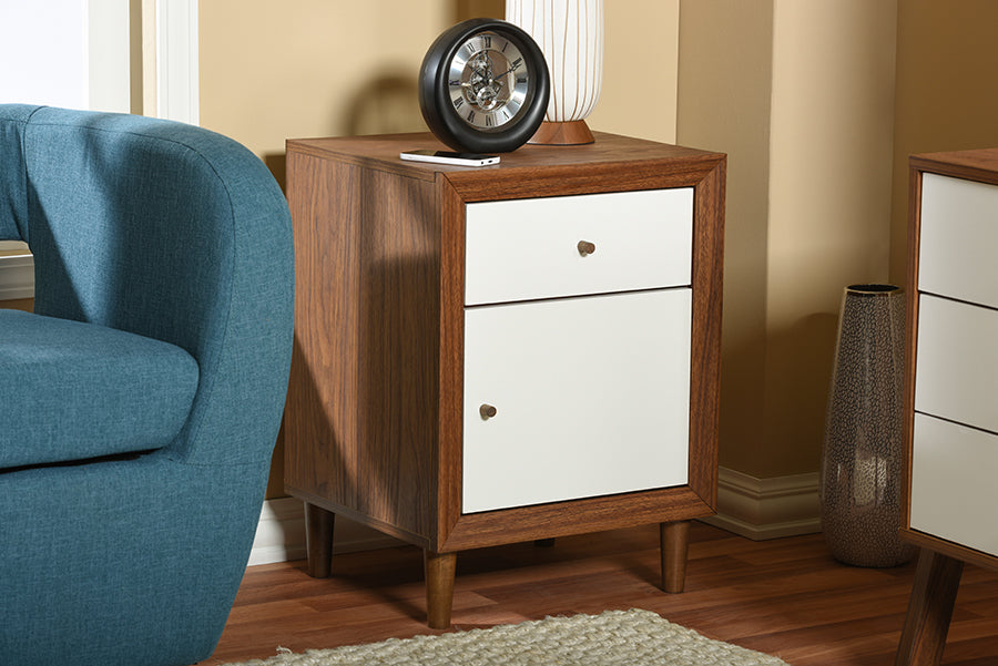 Mid-Century Scandinavian Nightstand in Walnut Brown & White