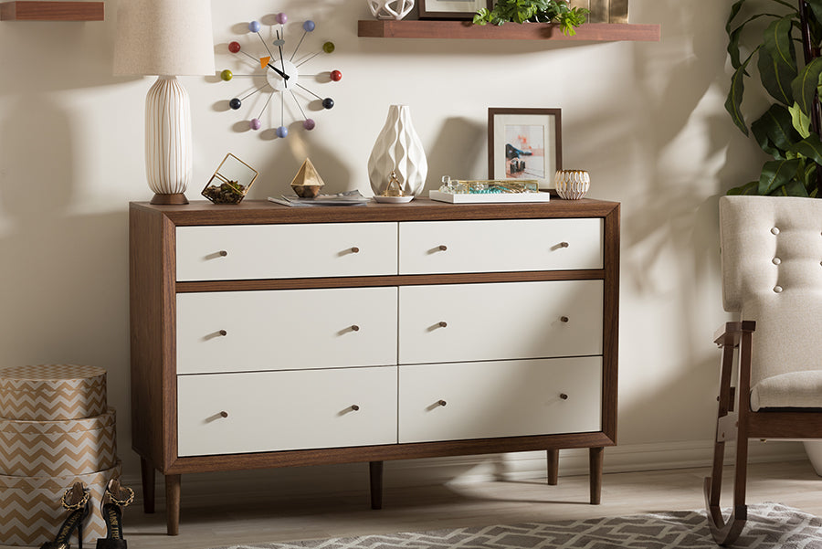 Scandinavian 6 Drawer Storage Dresser Cabinet in Walnut Brown & White