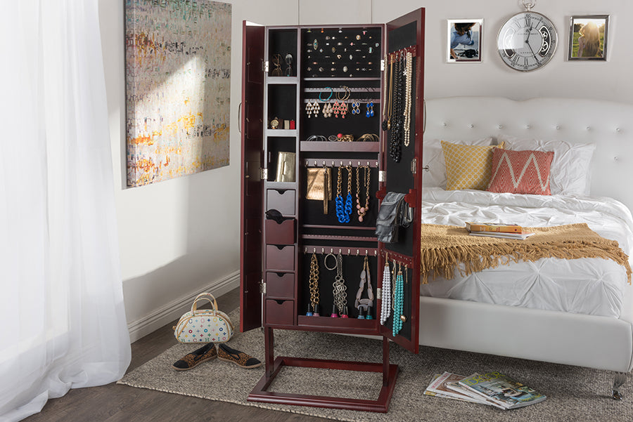 Contemporary Double Door Storage Jewelry Armoire Cabinet in Brown - The Furniture Space.