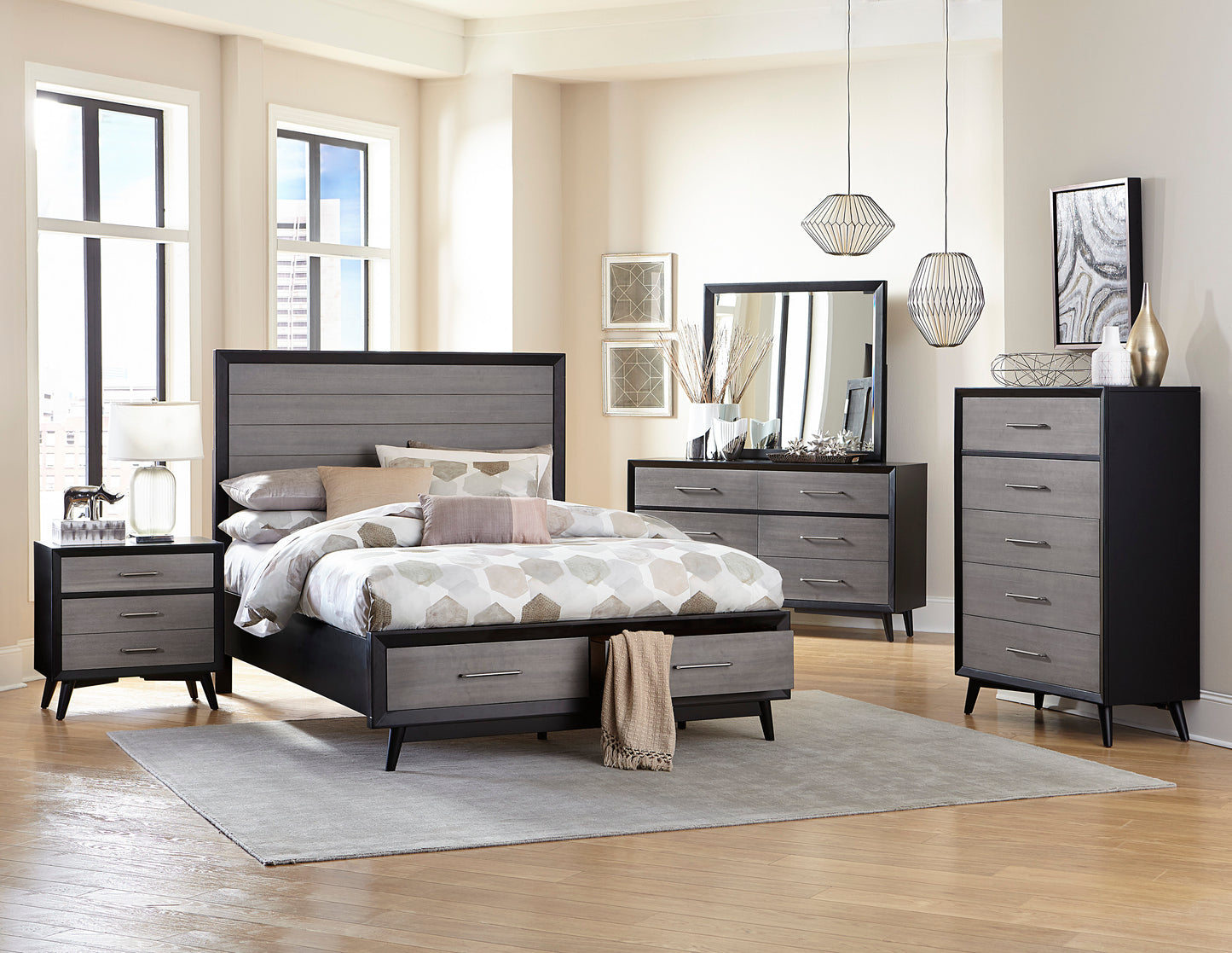 Regent Mid Century Modern 5PC Bedroom Set Queen Storage Platform Bed, Dresser, Mirror, 2 Nightstand in in Grey