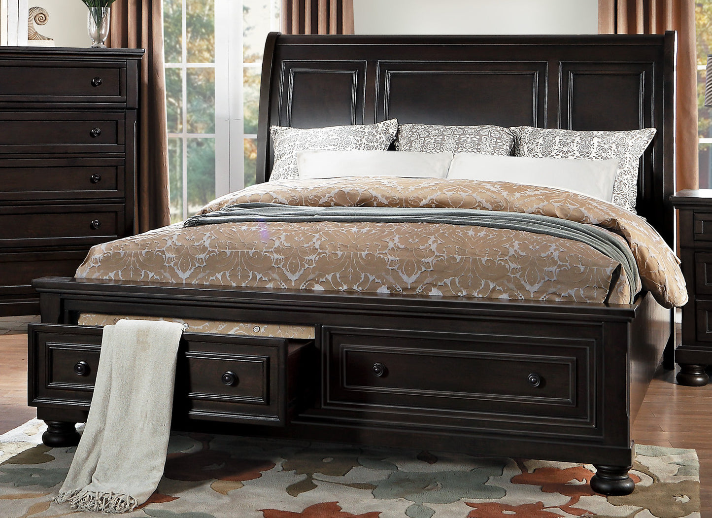 Belize Traditional Modern E King Platform Bed with Footboard Storage in Brown Grey