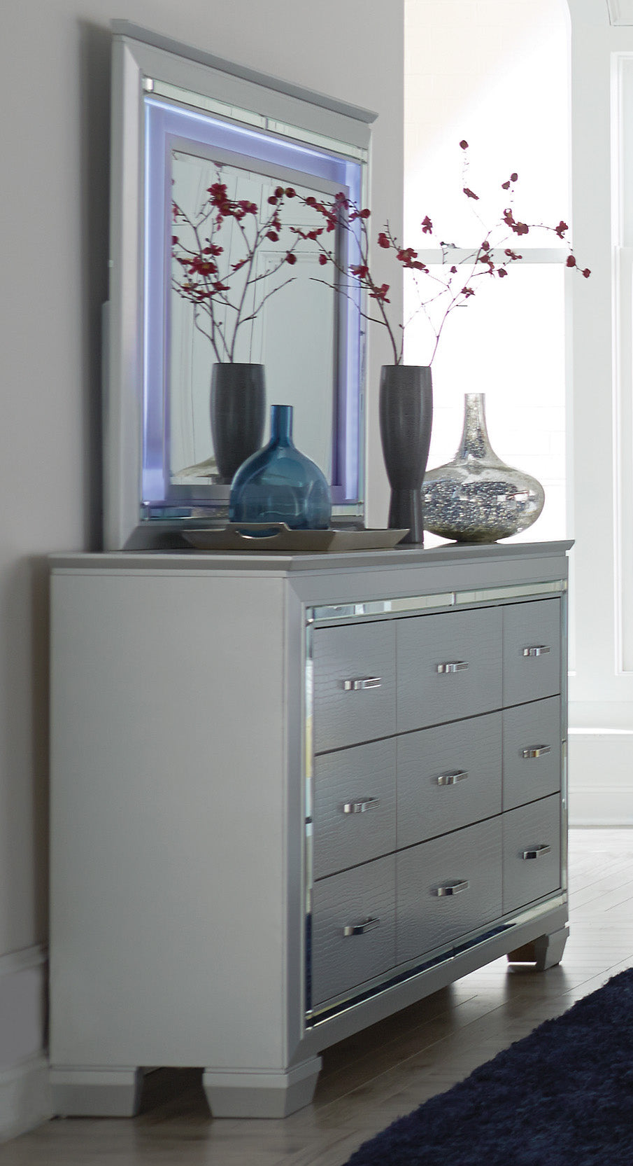 Almada Dresser Mirror with LED Lighting in Silver Alligator Embossed