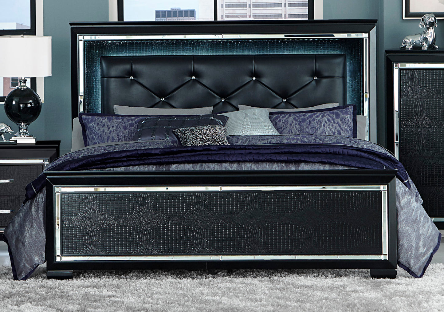 Almada Queen LED Bed in Black Alligator Embossed
