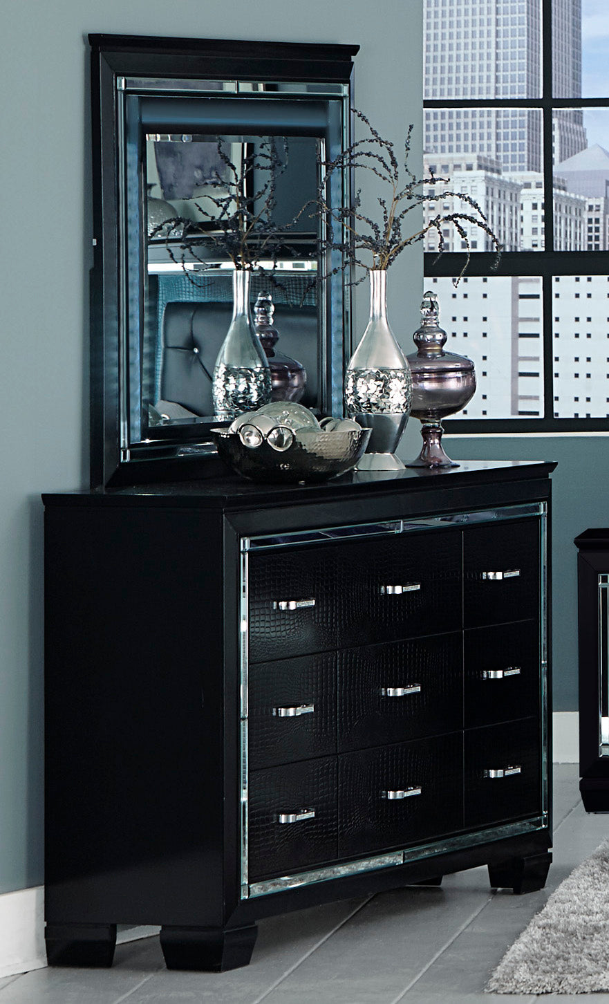 Almada Dresser Mirror with LED Lighting in Black Alligator Embossed