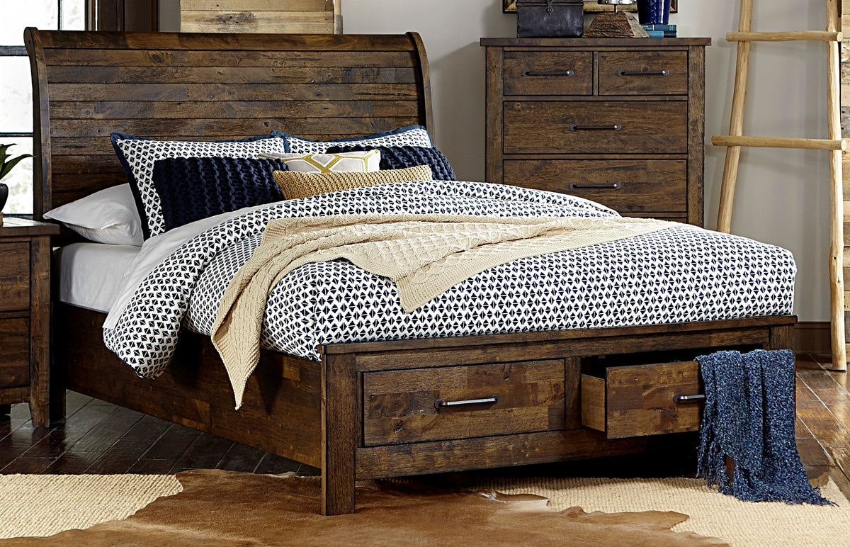 Jacoby Rustic Cal King Sleigh Platform Bed with Footboard Storage in Country Brown