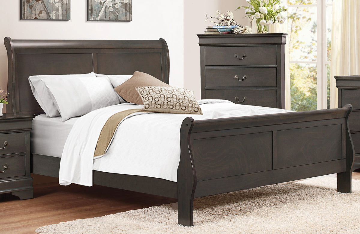 Manburg Louis Philippe Cal King Sleigh Bed in Dark Brown Finish