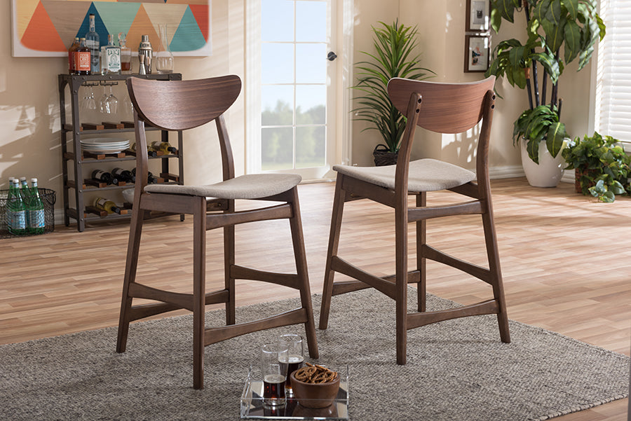 Mid-Century Modern 2 Counter Height Stools in Light Grey Fabric