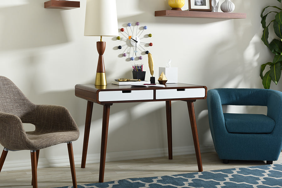 Mid-Century Office Writing Desk in White/Brown Rubber Wood/MDF