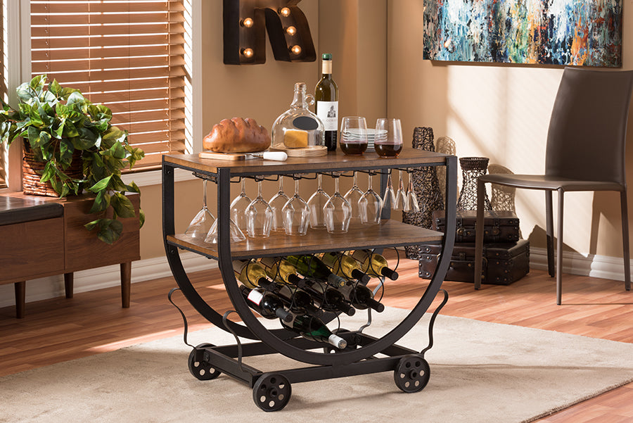 Vintage Industrial Metal Wheeled Wine Rack Cart in Brown