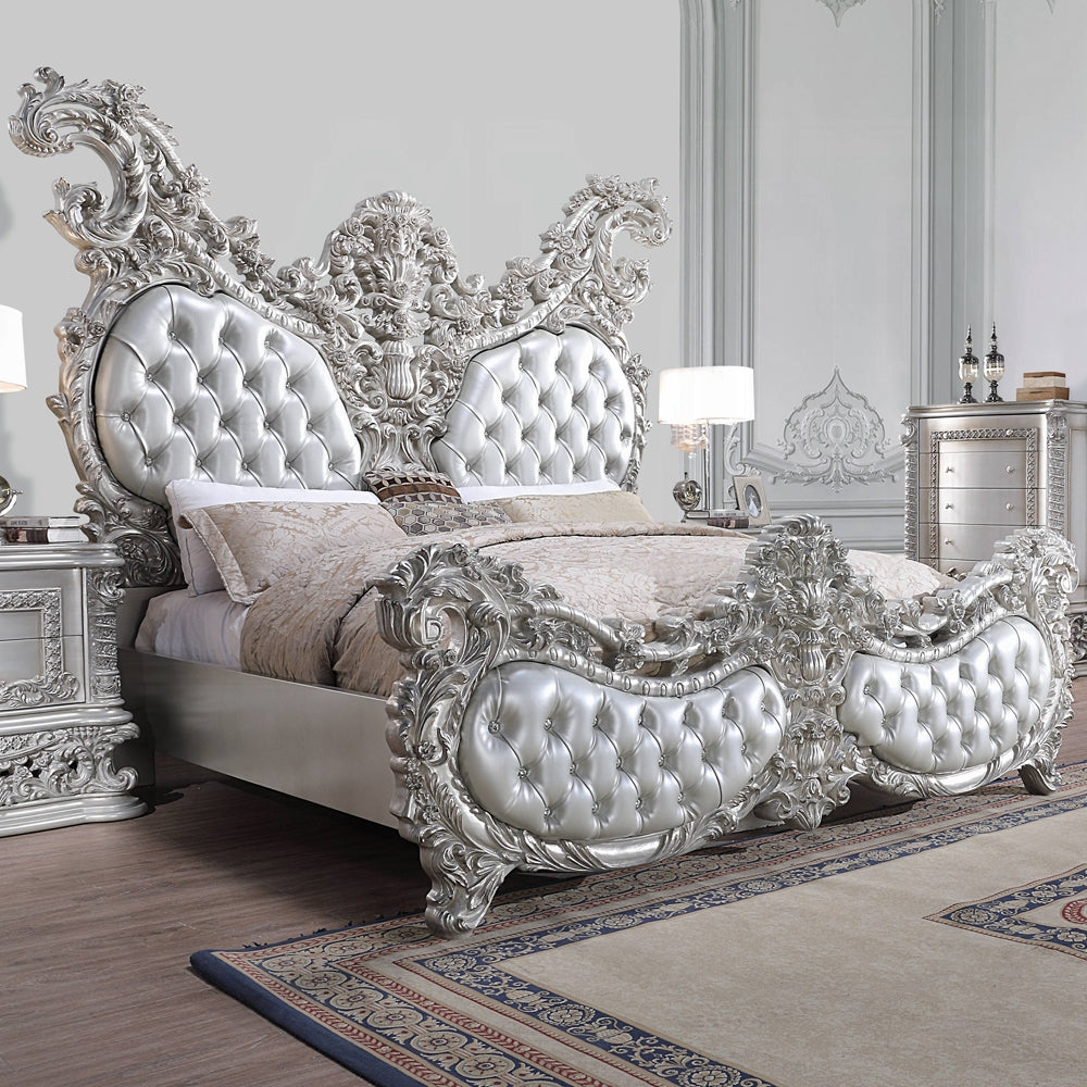 Acme Valkyrie Eastern King Bed, Synthetic Leather, Antique Platinum Finish